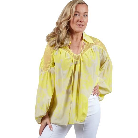 NWOT BEATRICE B Top M Italy Yellow Silky-Satin&Lace 3-Bow-Tie Rush Balloon-Sleev - Picture 1 of 11